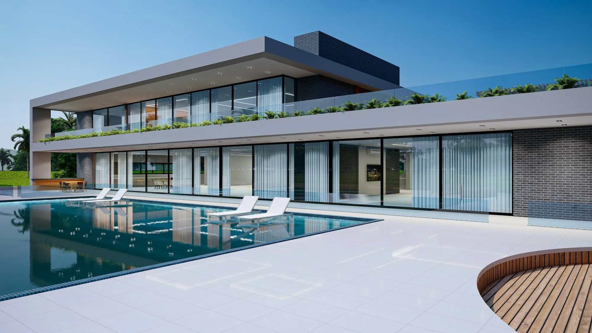 Casa moderna con piscina y galería sobre el jardín